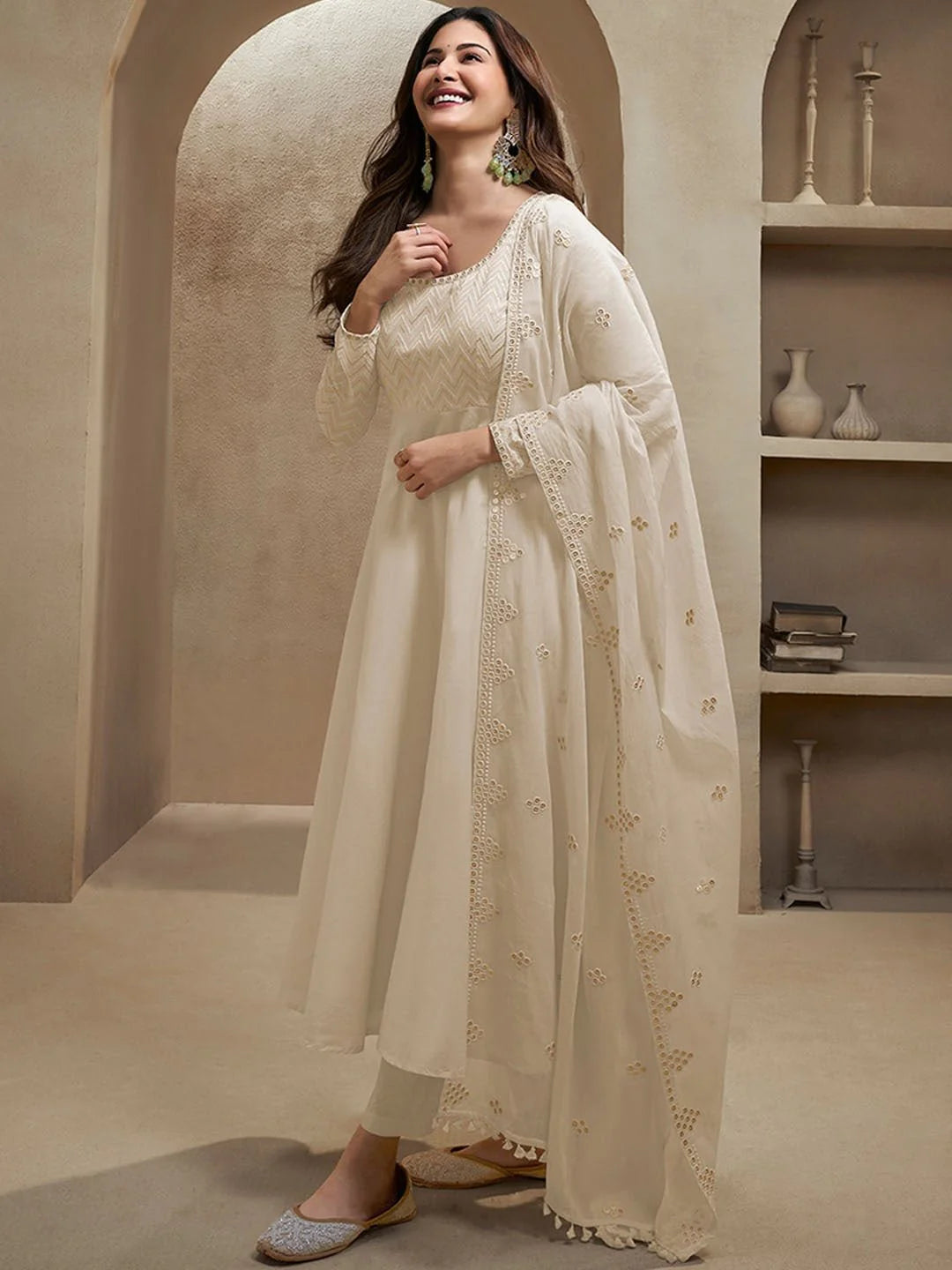 Sequinned Embroidered Empire Thread Work Anarkali Kurta with Trousers & Dupatta (Amyra Dastur Style)