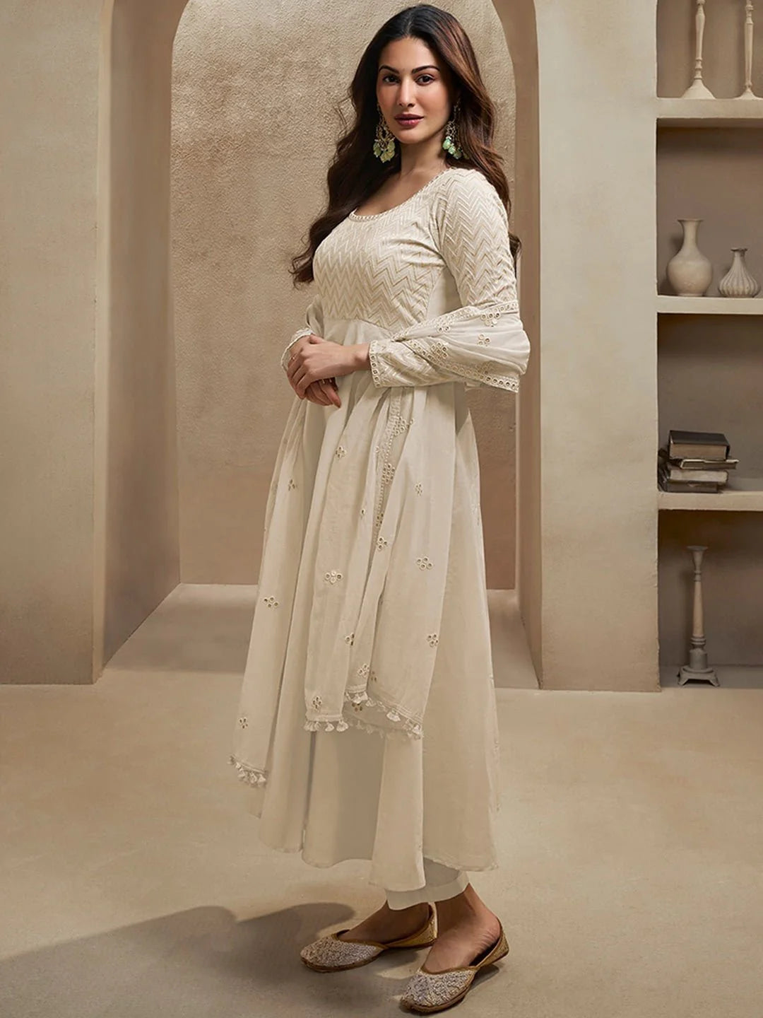 Sequinned Embroidered Empire Thread Work Anarkali Kurta with Trousers & Dupatta (Amyra Dastur Style)