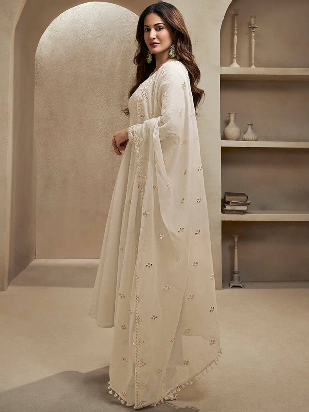 Sequinned Embroidered Empire Thread Work Anarkali Kurta with Trousers & Dupatta (Amyra Dastur Style)