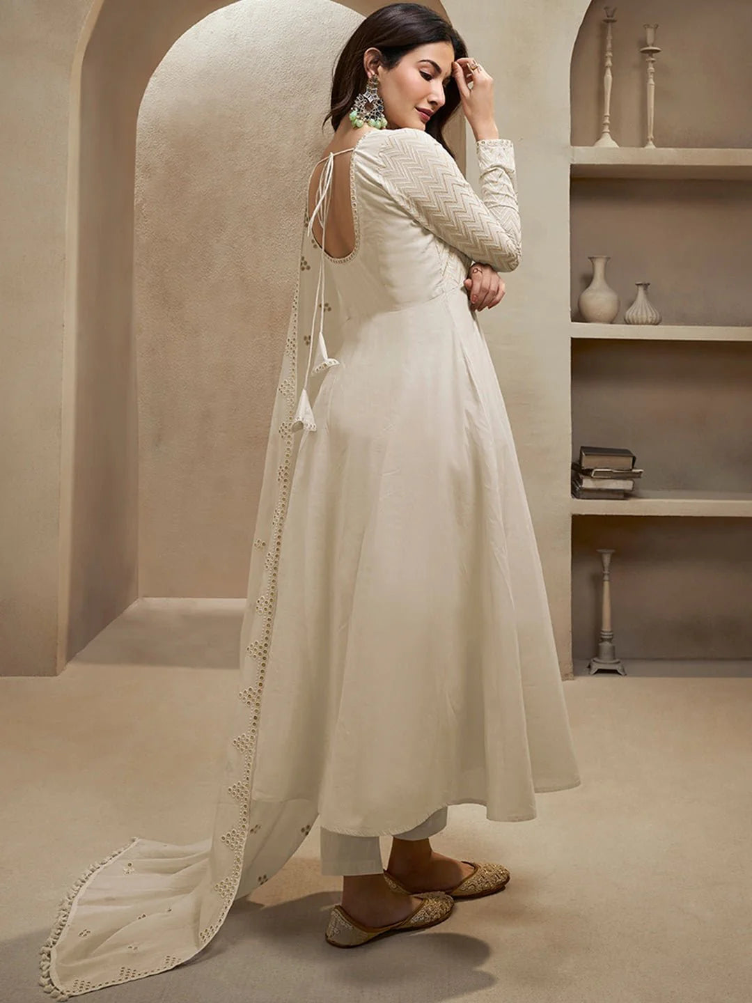 Sequinned Embroidered Empire Thread Work Anarkali Kurta with Trousers & Dupatta (Amyra Dastur Style)
