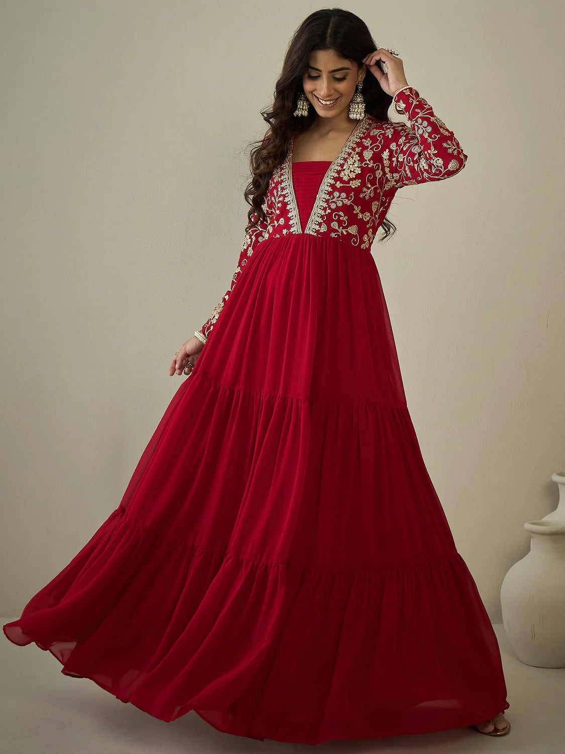 Sequinned Embroidered Tiered Fit & Flared Maxi Ethnic Dress