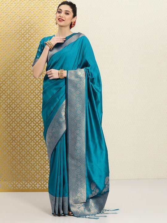 Turquoise Blue & Gold-Toned Zari Silk Blend Saree