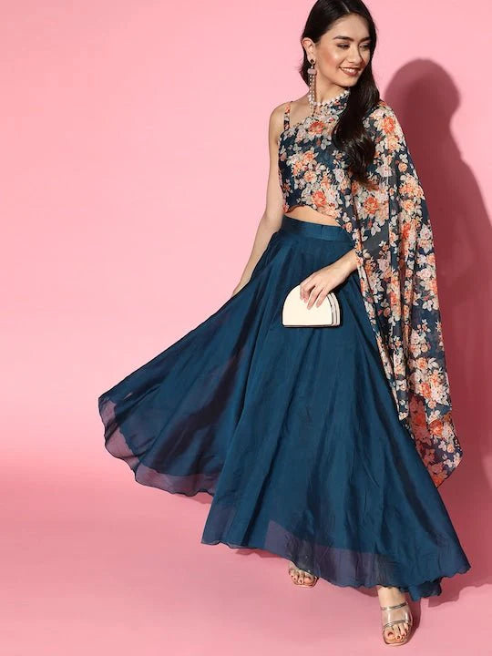 Teal Floral Printed Organza One Shoulder Co-Ords