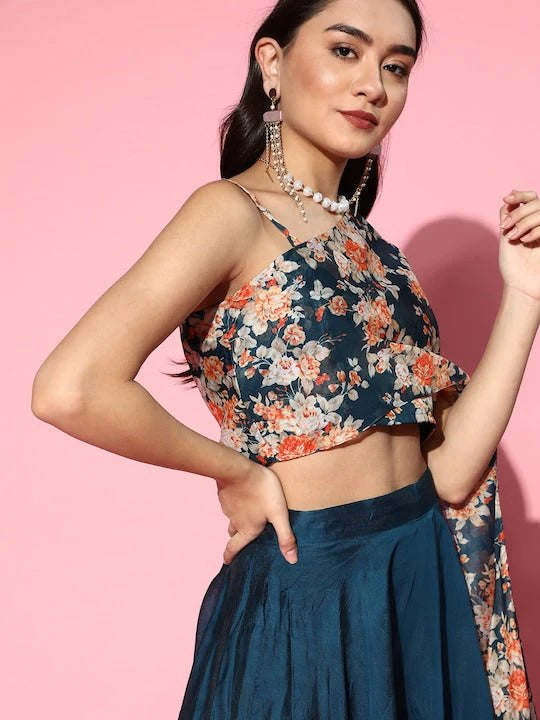 Teal Floral Printed Organza One Shoulder Co-Ords