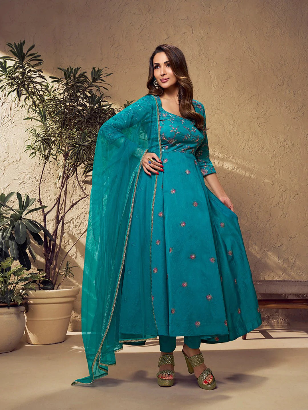 Turquoise Blue Multi Thread & Sequines Embroidered Anarkali Kurta Set (Malaika Style)