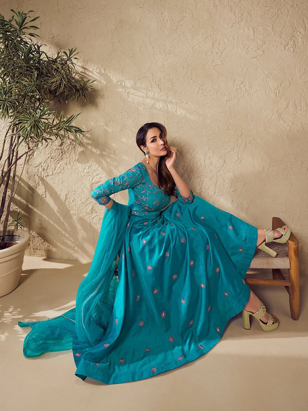 Turquoise Blue Multi Thread & Sequines Embroidered Anarkali Kurta Set (Malaika Style)
