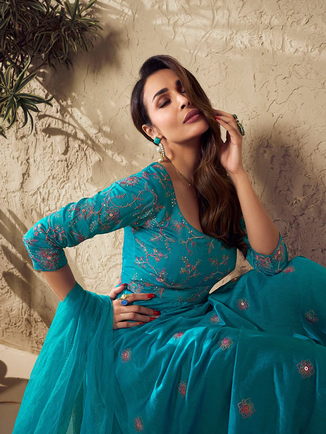 Turquoise Blue Multi Thread & Sequines Embroidered Anarkali Kurta Set (Malaika Style)