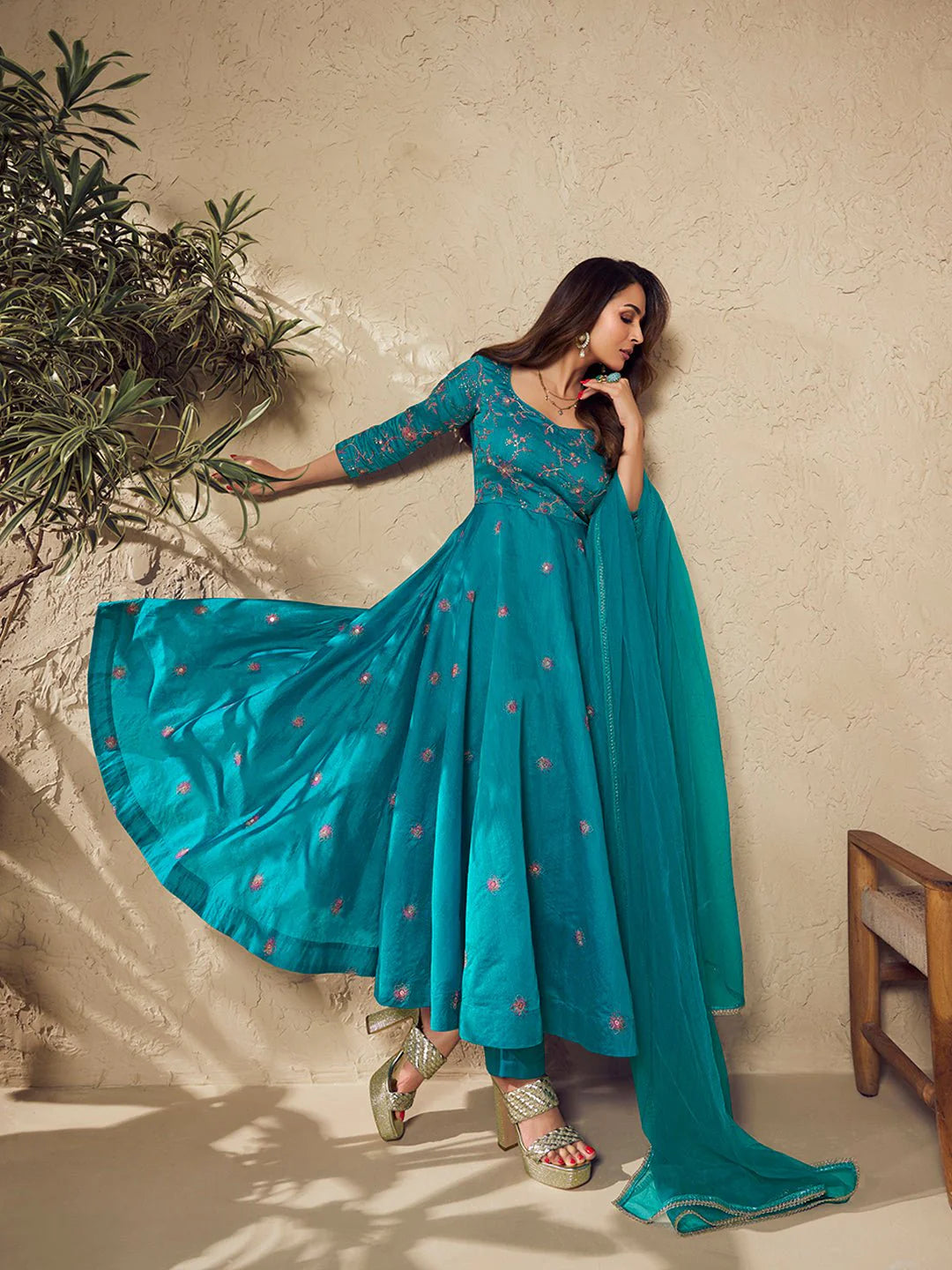 Turquoise Blue Multi Thread & Sequines Embroidered Anarkali Kurta Set (Malaika Style)