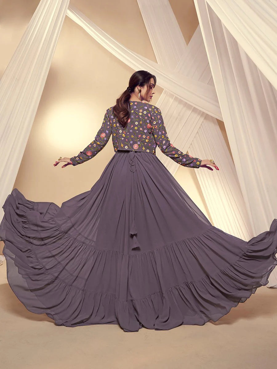 V-neck And Knit-Woven Flare, Solid Maxi Dress With Floral Thread Embroidered Jacket (Malaika Style)