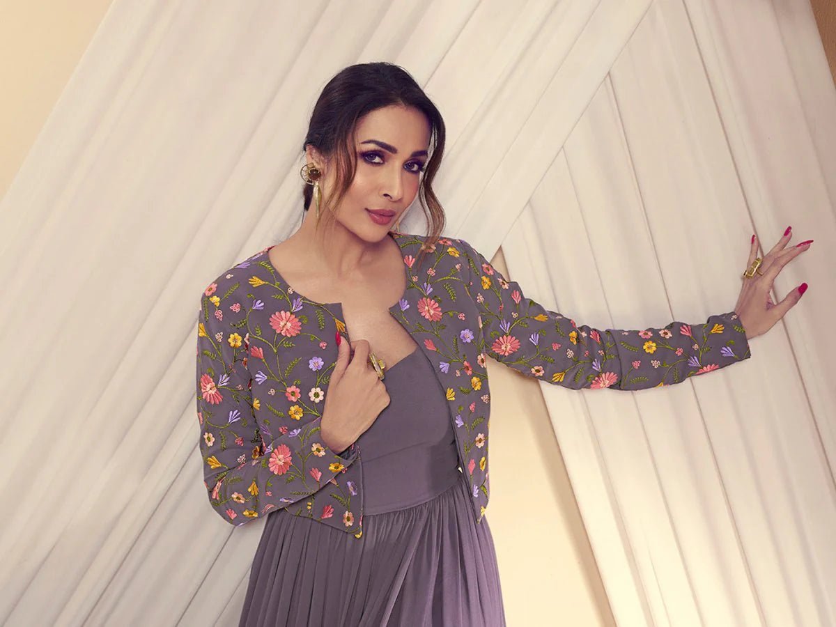 V-neck And Knit-Woven Flare, Solid Maxi Dress With Floral Thread Embroidered Jacket (Malaika Style)