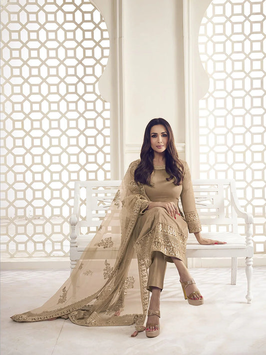 BEIGE FLORAL THREAD AND SEQUINES EMBROIDERED KURTA SET (MALAIKA STYLE)
