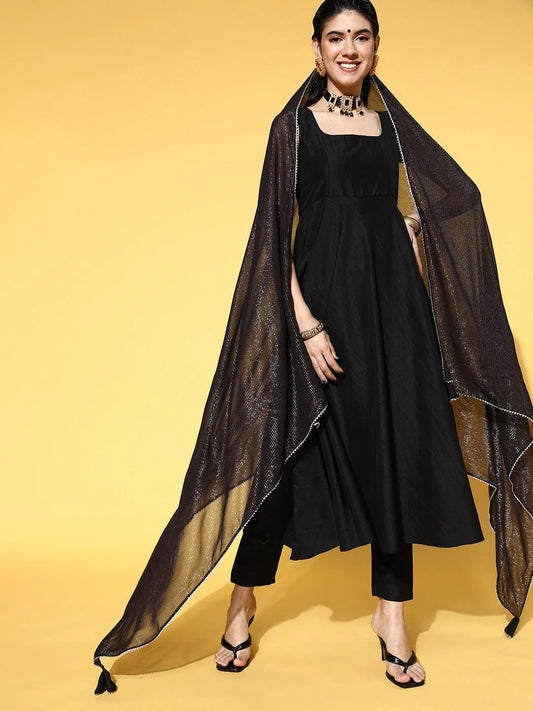 BLACK SOLID KURTA WITH TROUSERS & SELF DESIGN DUPATTA