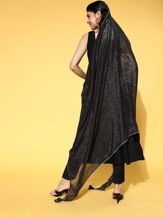 BLACK SOLID KURTA WITH TROUSERS & SELF DESIGN DUPATTA