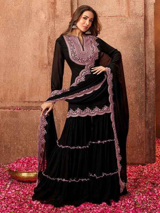 Black Ethnic Motifs Thread Work Kurta with Skirt & Dupatta (Malaika Style)