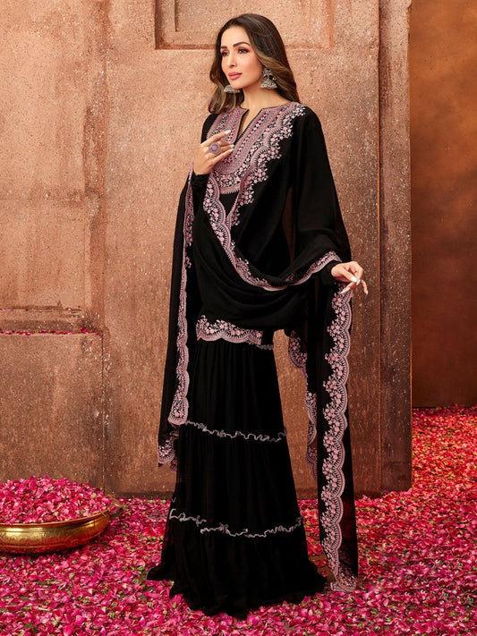 Black Ethnic Motifs Thread Work Kurta with Skirt & Dupatta (Malaika Style)