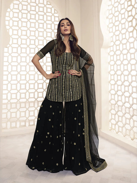 BLACK FLORAL ZARI SEQUINES EMBROIDERED KURTA SET (MALAIKA STYLE)