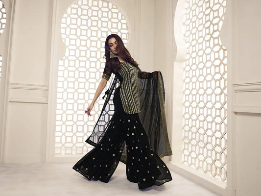 BLACK FLORAL ZARI SEQUINES EMBROIDERED KURTA SET (MALAIKA STYLE)