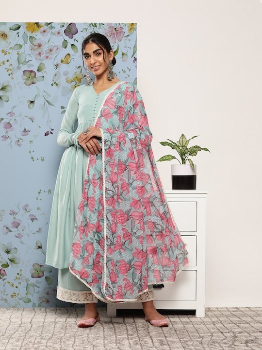 Blue Anarkali Kurta With Palazzos & Floral Dupatta