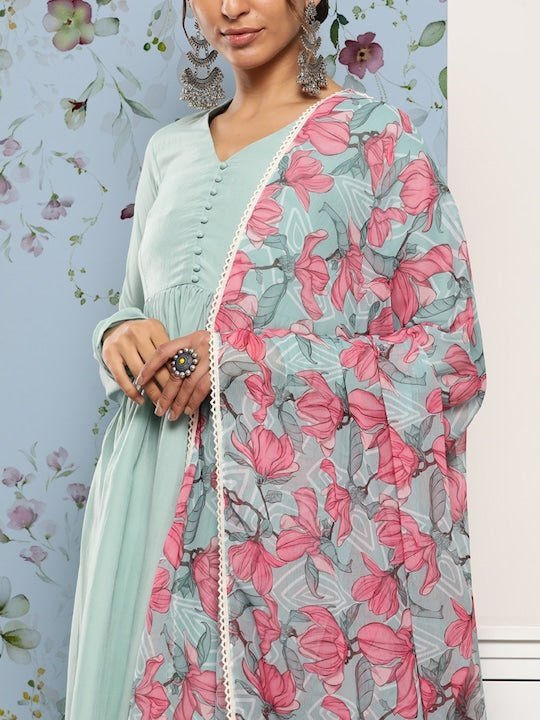 Blue Anarkali Kurta With Palazzos & Floral Dupatta