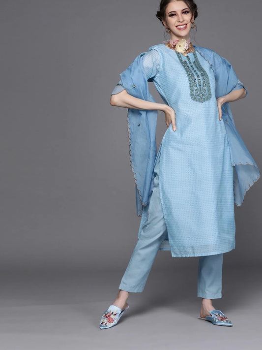 BLUE CHANDERI COTTON PARTYWEAR SOLID STRAIGHT CUT SUIT