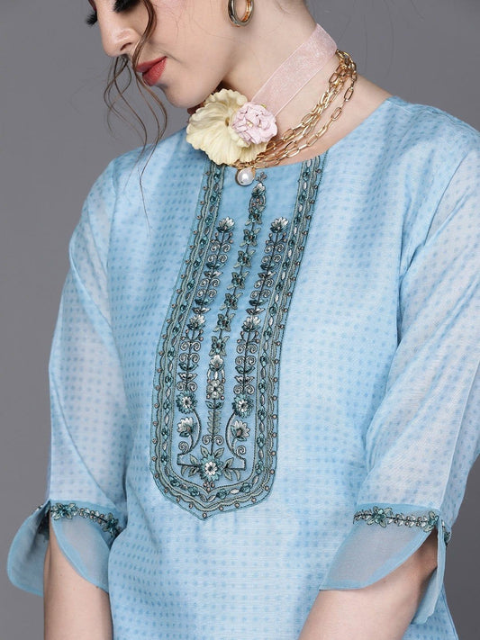 BLUE CHANDERI COTTON PARTYWEAR SOLID STRAIGHT CUT SUIT