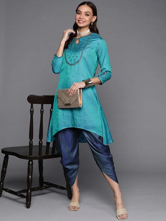 BLUE EMBROIDERED SEQUINNED KURTA WITH DHOTI PANTS (SPECIAL OCCASION)