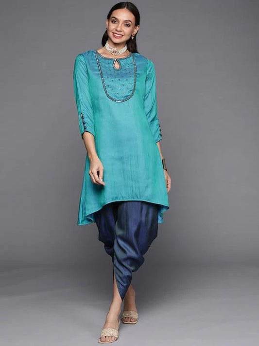 BLUE EMBROIDERED SEQUINNED KURTA WITH DHOTI PANTS (SPECIAL OCCASION)