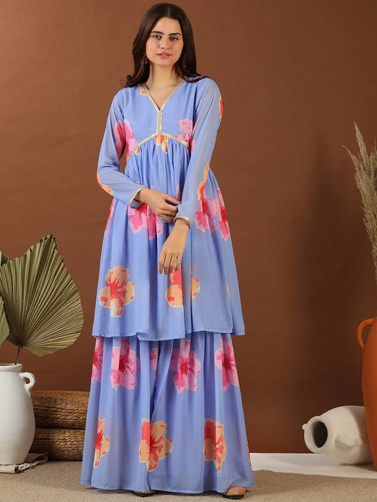 Blue Floral Printed Empire Gotta Patti Kurta with Sharara