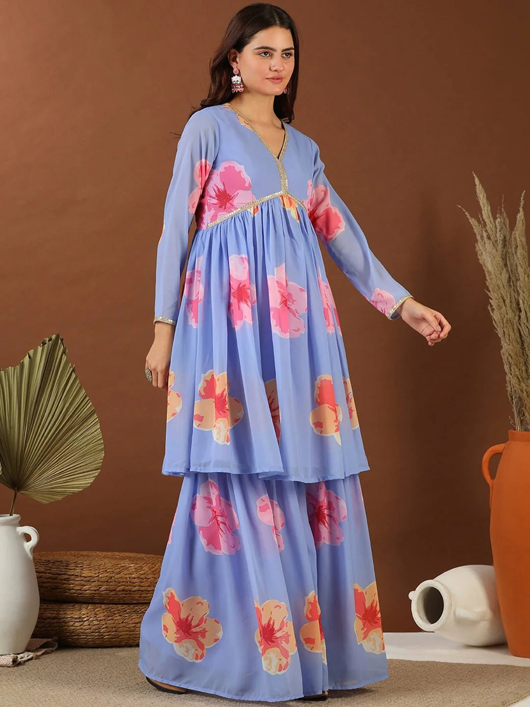 Blue Floral Printed Empire Gotta Patti Kurta with Sharara
