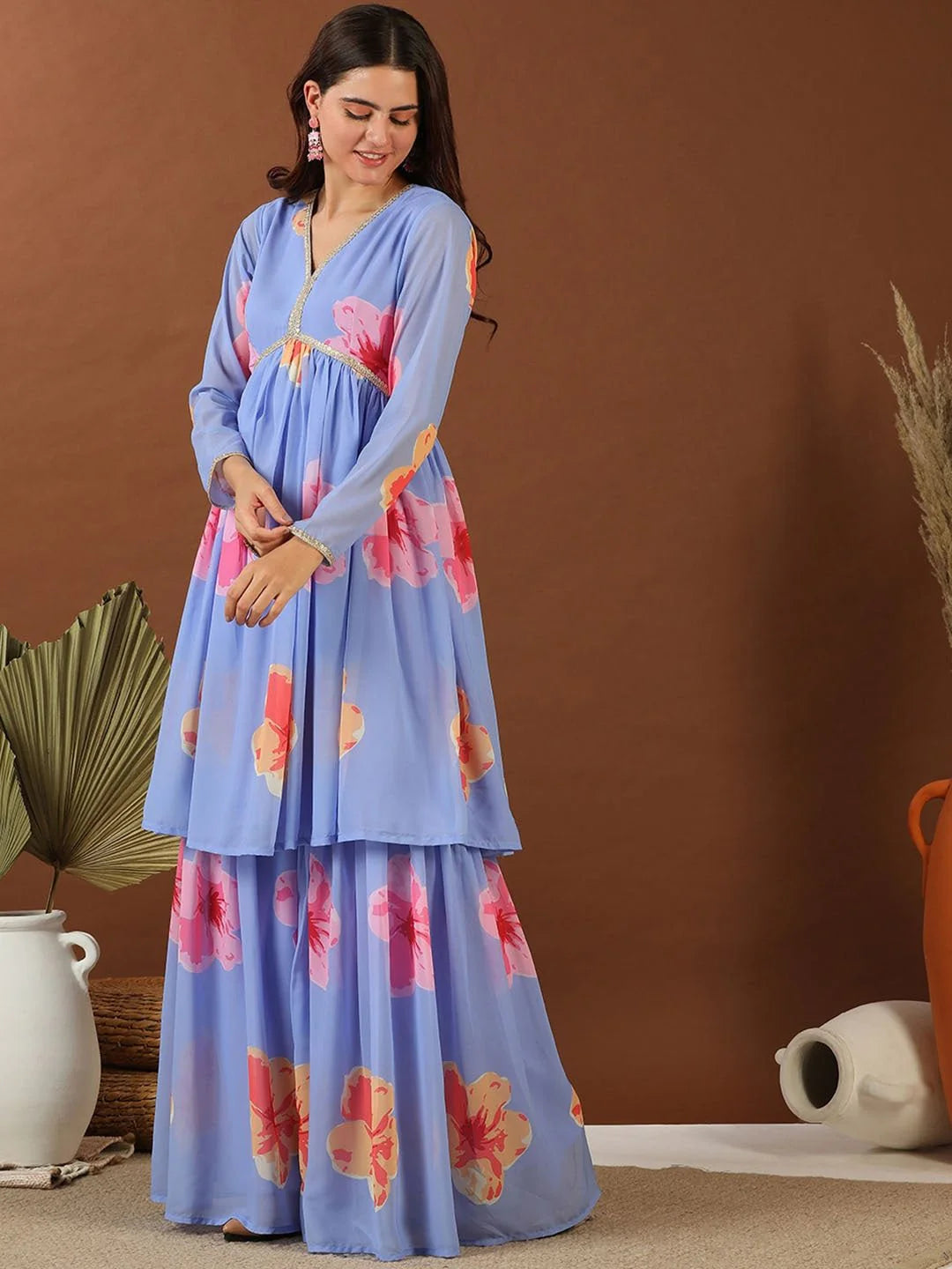 Blue Floral Printed Empire Gotta Patti Kurta with Sharara