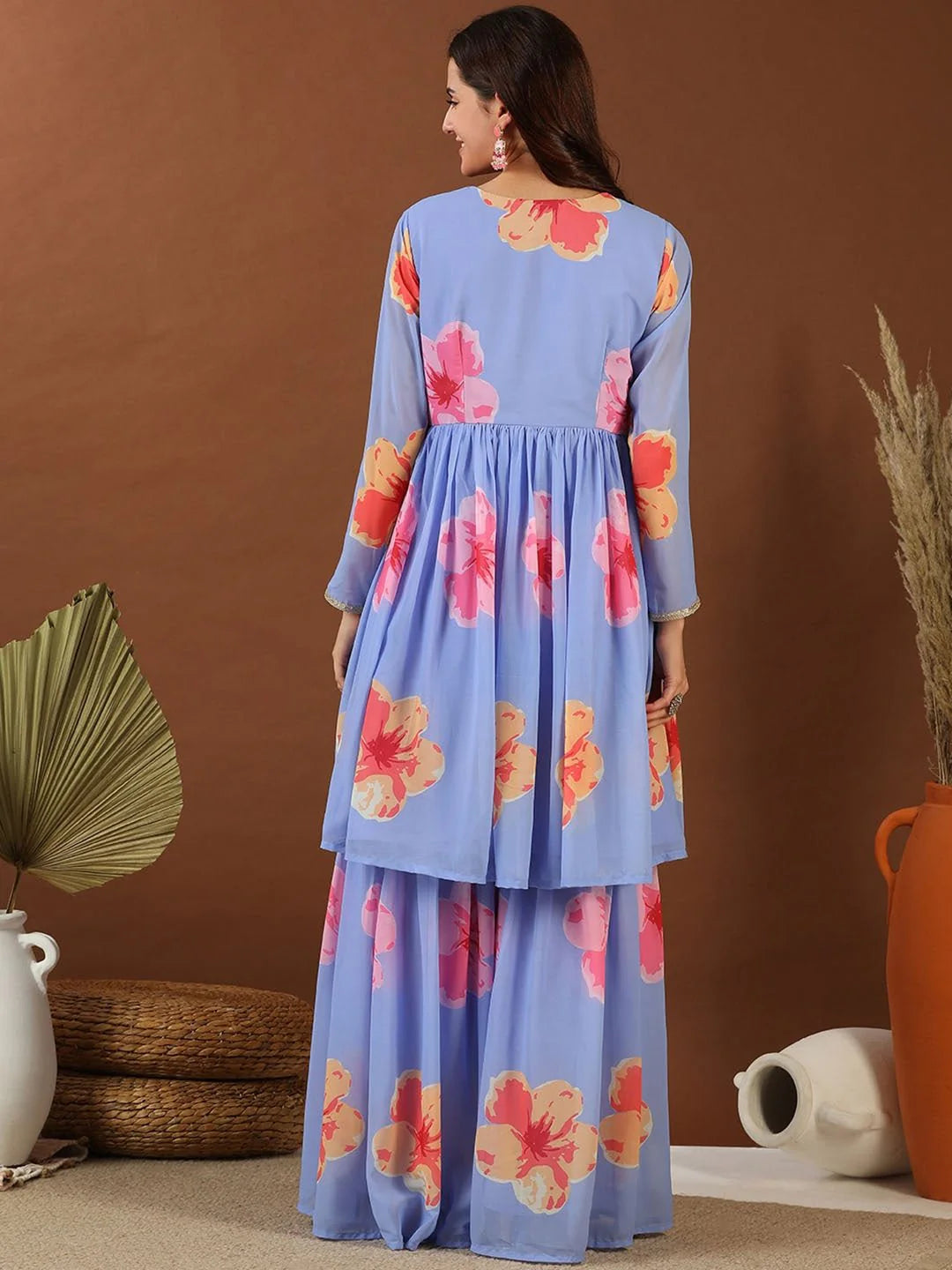 Blue Floral Printed Empire Gotta Patti Kurta with Sharara