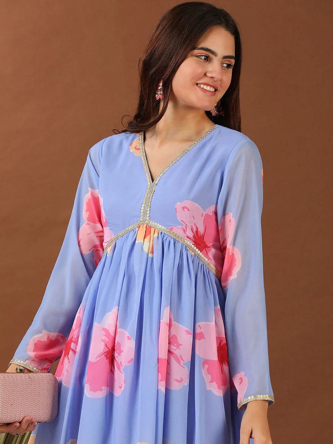 Blue Floral Printed Empire Gotta Patti Kurta with Sharara