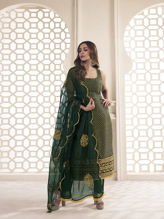 BOTTLE GREEN ZARI WOVEN EMBROIDERED STRIGHT KURTA SET (MALAIKA STYLE)