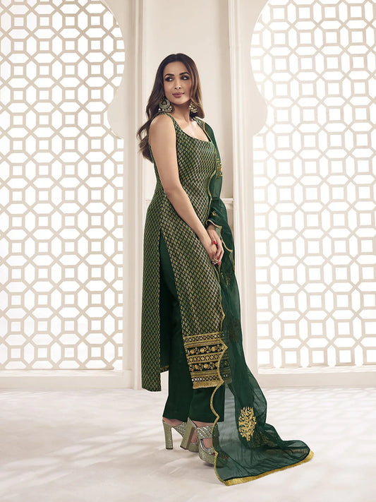 BOTTLE GREEN ZARI WOVEN EMBROIDERED STRIGHT KURTA SET (MALAIKA STYLE)