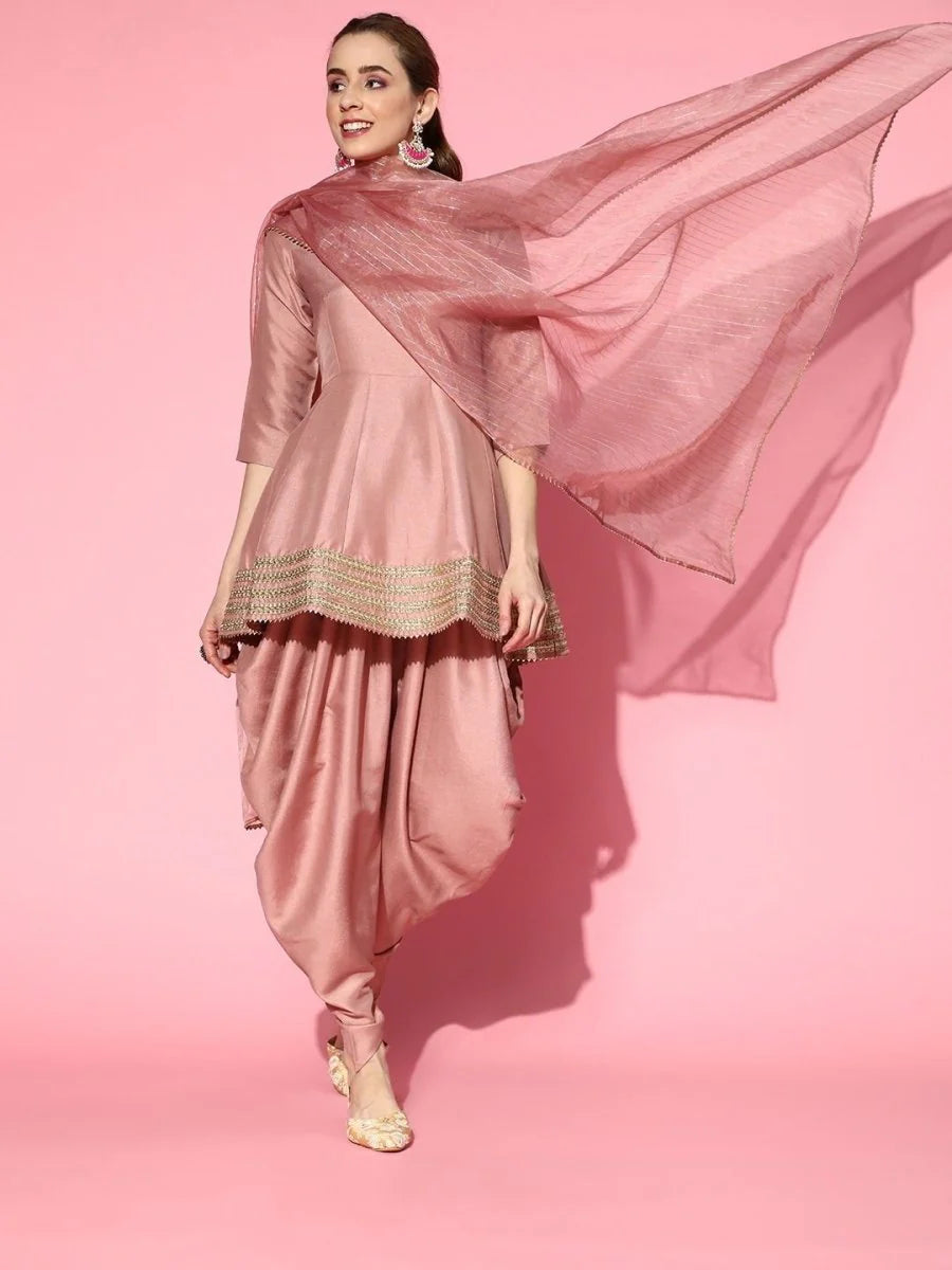Dirty Pink Panelled Kurta with Dhoti Pants and Organza Dupatta