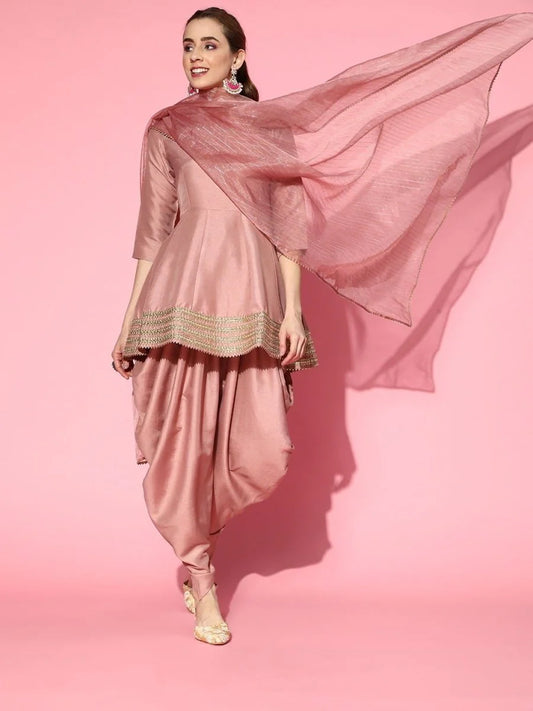 Dirty Pink Panelled Kurta with Dhoti Pants and Organza Dupatta