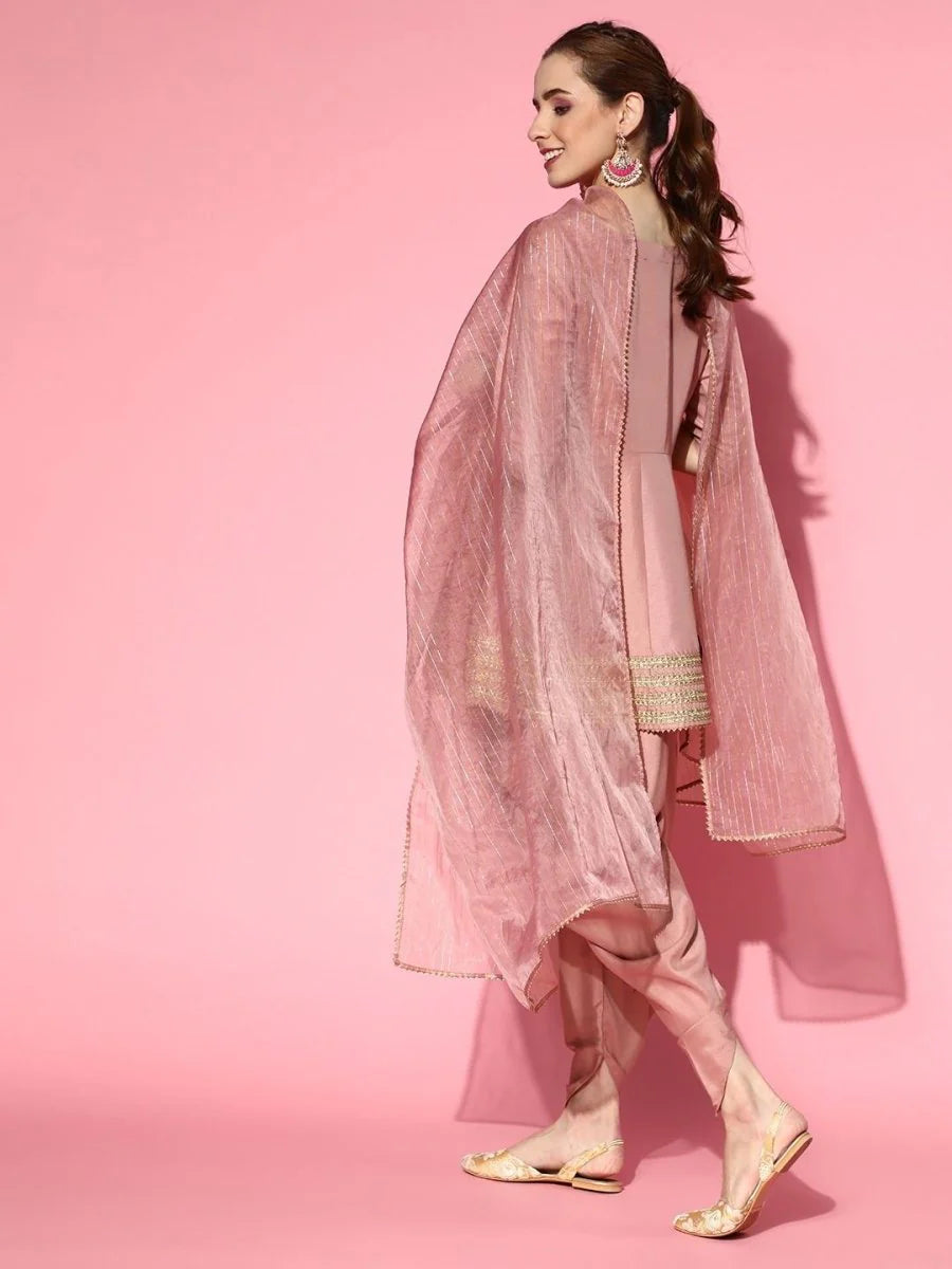 Dirty Pink Panelled Kurta with Dhoti Pants and Organza Dupatta