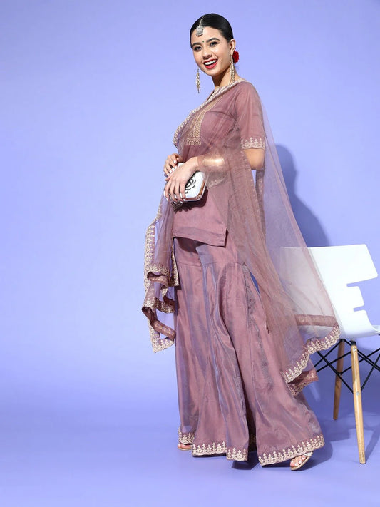 DUSKY BROWN CHANDERI COTTON EMBORIDERED KURTA SET