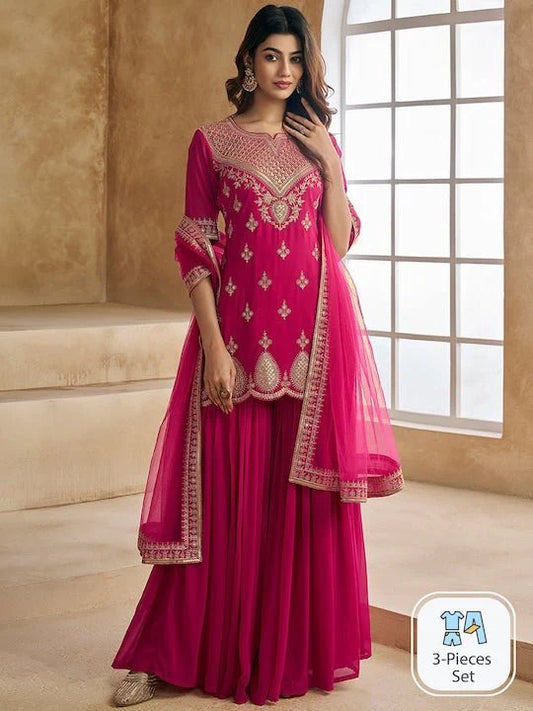 EMBROIDERED SEQUINNED SCALLOPED KURTI WITH SHARARA & DUPATTA