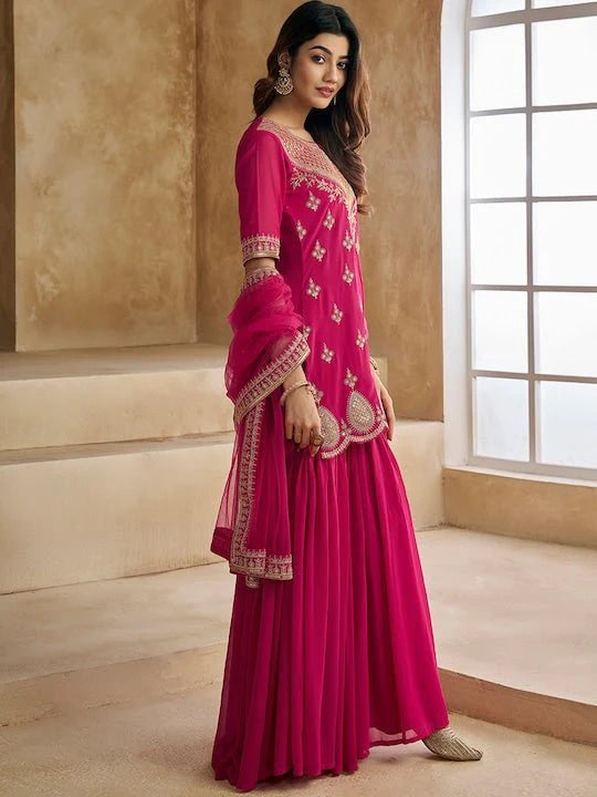 EMBROIDERED SEQUINNED SCALLOPED KURTI WITH SHARARA & DUPATTA
