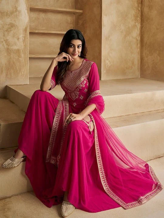 EMBROIDERED SEQUINNED SCALLOPED KURTI WITH SHARARA & DUPATTA