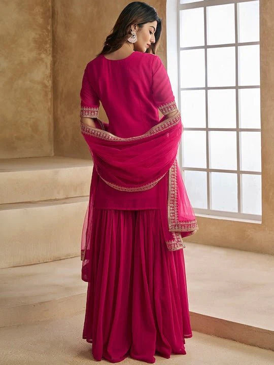 EMBROIDERED SEQUINNED SCALLOPED KURTI WITH SHARARA & DUPATTA