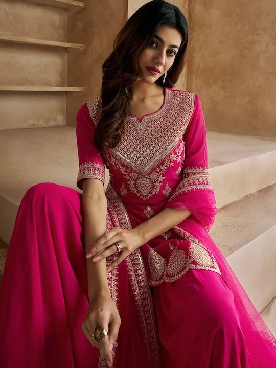 EMBROIDERED SEQUINNED SCALLOPED KURTI WITH SHARARA & DUPATTA