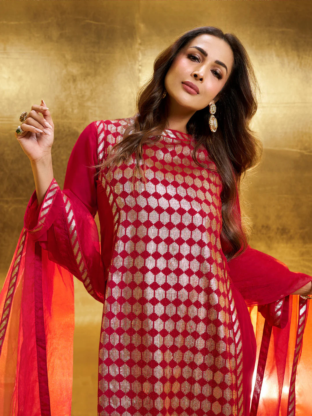 Embroidered High Slit Sequined Kurta with Palazzos & Dupatta