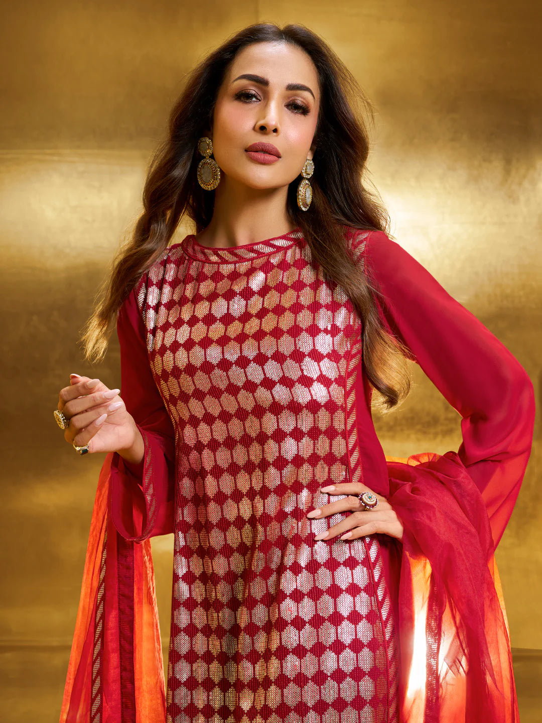 Embroidered High Slit Sequined Kurta with Palazzos & Dupatta