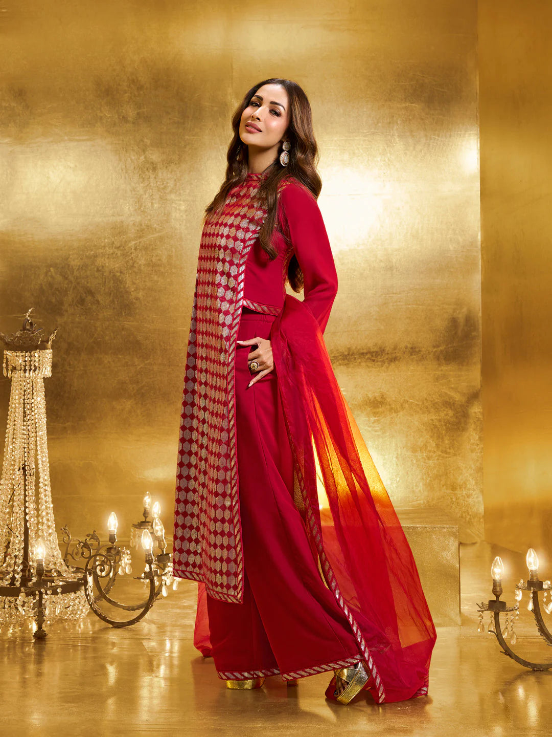 Embroidered High Slit Sequined Kurta with Palazzos & Dupatta