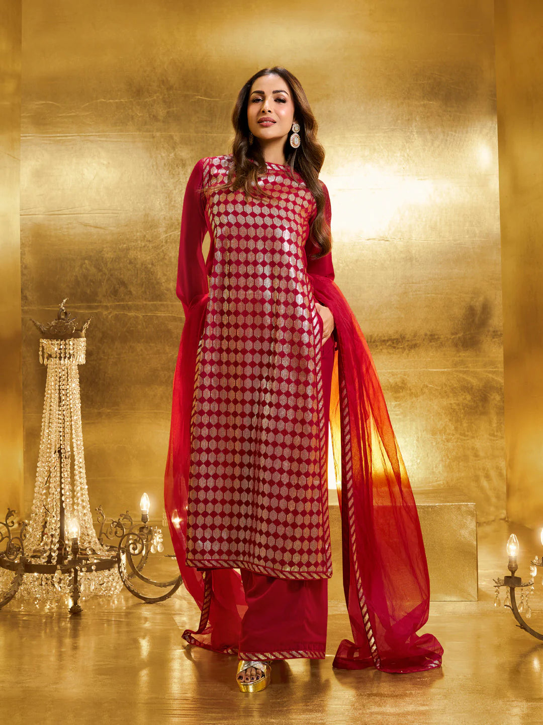 Embroidered High Slit Sequined Kurta with Palazzos & Dupatta