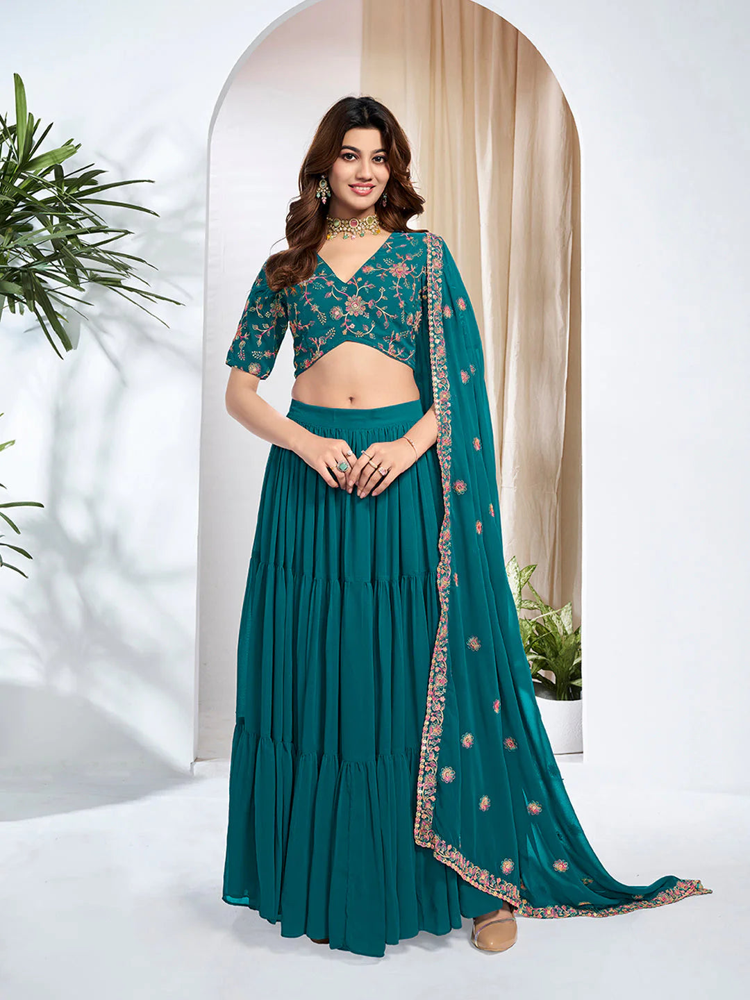EMBROIDERED THREAD WORK SEMI-STITCHED LEHENGA & UNSTITCHED BLOUSE WITH DUPATTA