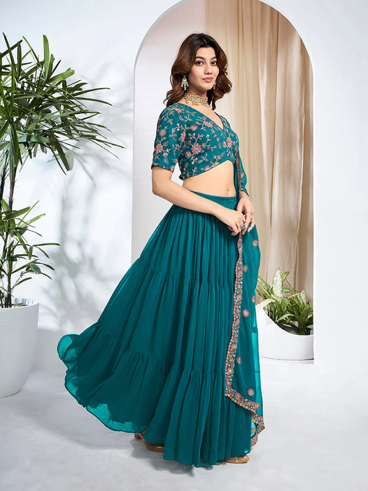 EMBROIDERED THREAD WORK SEMI-STITCHED LEHENGA & UNSTITCHED BLOUSE WITH DUPATTA