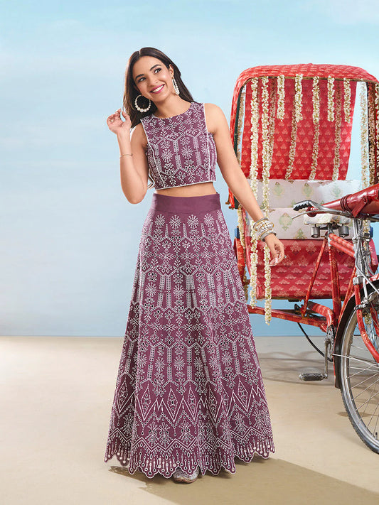Ethnic Motifs Chikankari Embroidered Round Neck Cotton Top With Skirt Co-Ords (Jasmin Bhasin)